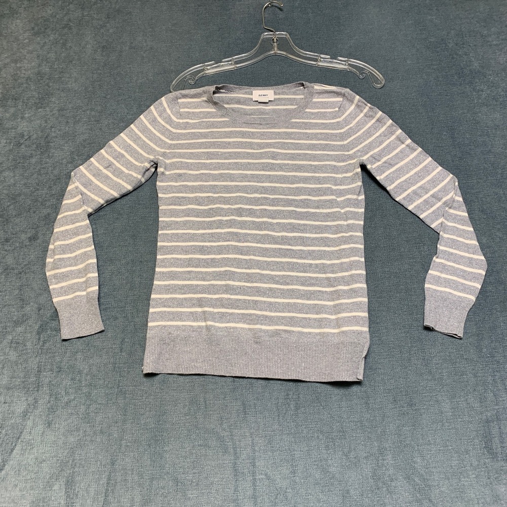 Old Navy Sweater Womens XS Gray White Striped Silver Metallic Thread Side Slit